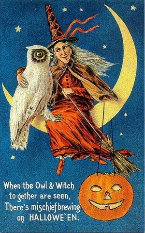 vintage witch owl half moon broom pumpkin clip art1